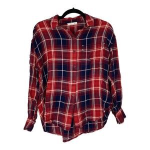 BeachLunchLounge Red Plaid Button-Up Flannel Long Sleeve Shirt Size Medium